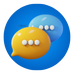 a blue circle with two yellow and blue speech bubbles